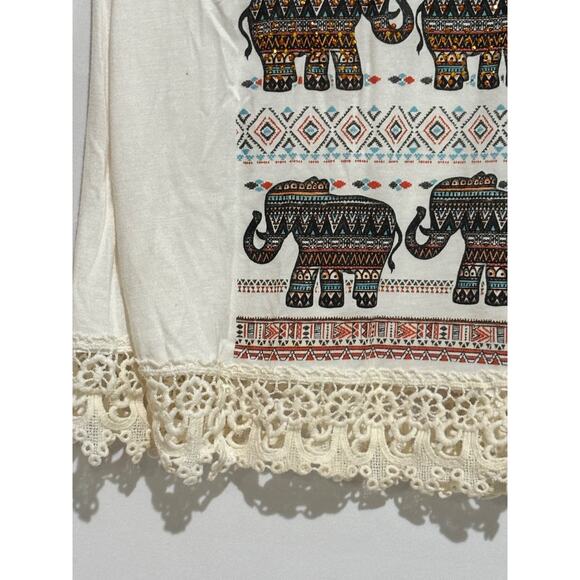 JC Fits S Top Cream Elephants Bead Crochet Slit Sleeve Boho Safari Travel Glam - Picture 2 of 9
